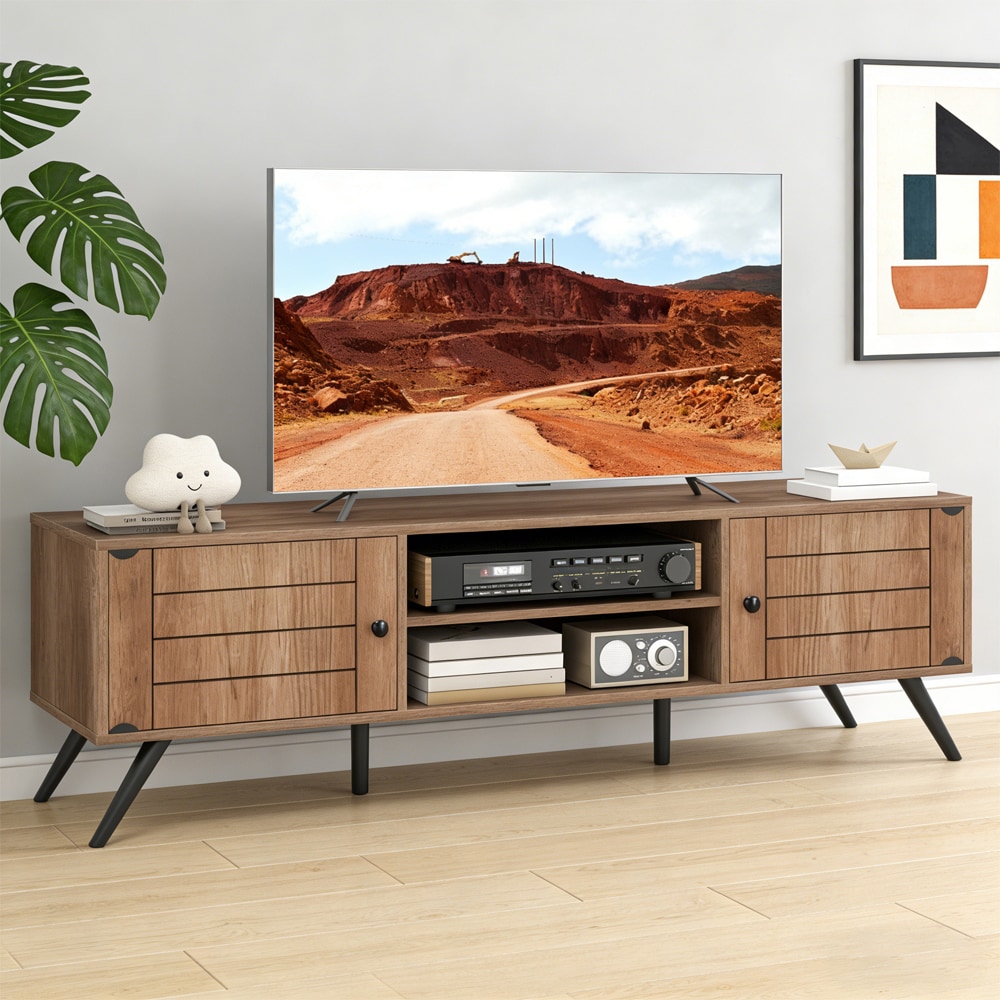 Tv Stand With 2 Doors And Shelves Adjustable Feet Cable Management_voghion.com